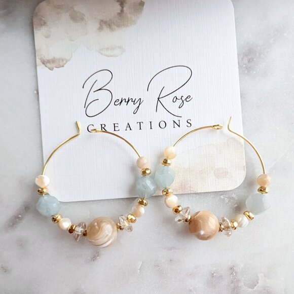 Gold, Aquamarine and Shell Artisan Hoop Earrings - Picture 5 of 9